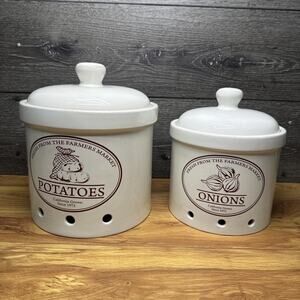Sur La Table Stoneware Crock Stoneware Canisters Potatoes & Onion ~Set Of 2